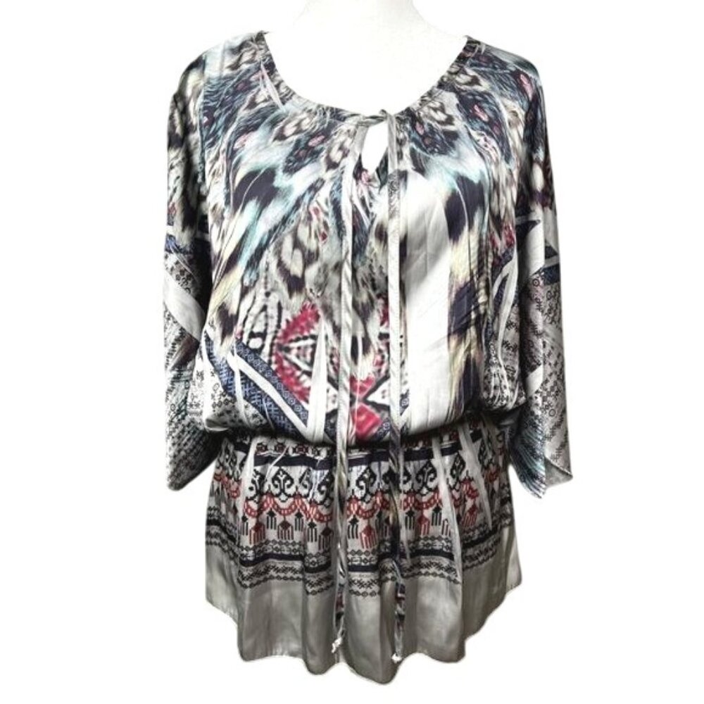 Mandee Boho Chic Printed Tunic Lightweight Flowy Design Top Large